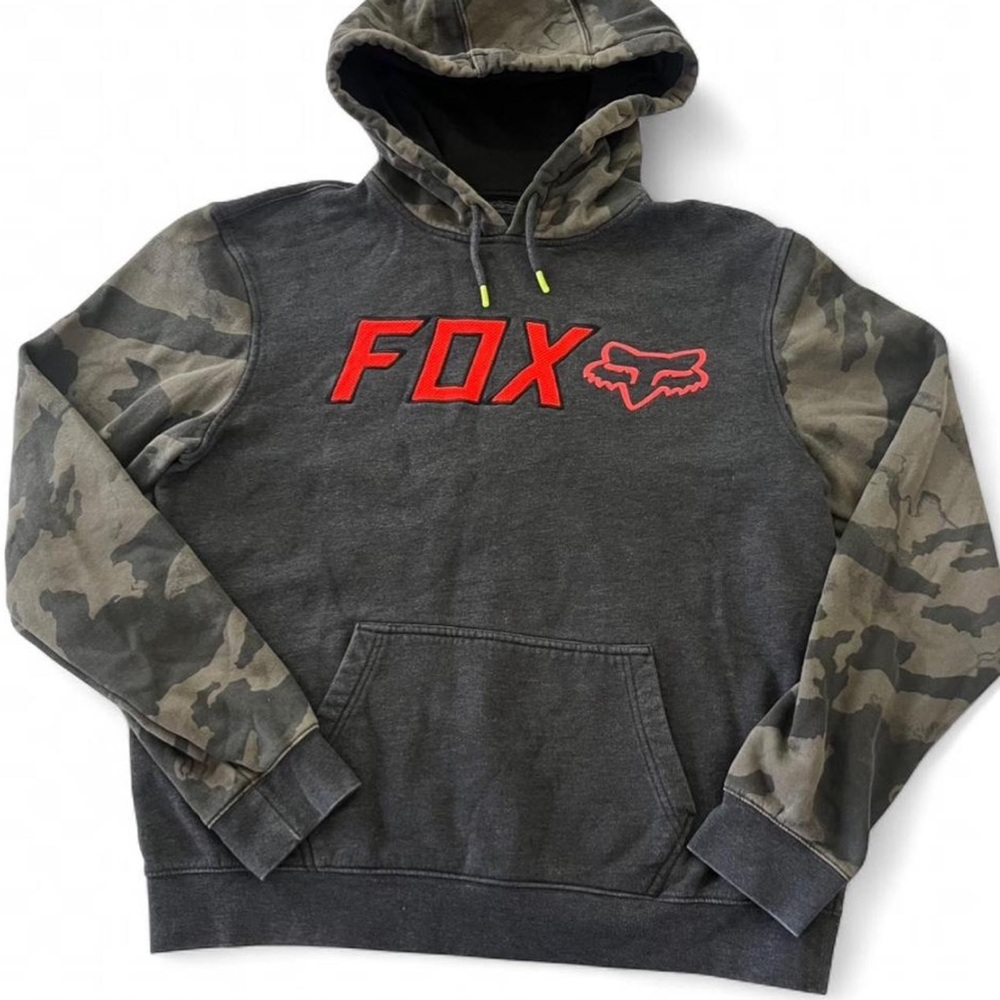 Fox Racing Camo Sleeve Hoodie Men’s Large Gray Red Logo Pullover Sweatshirt